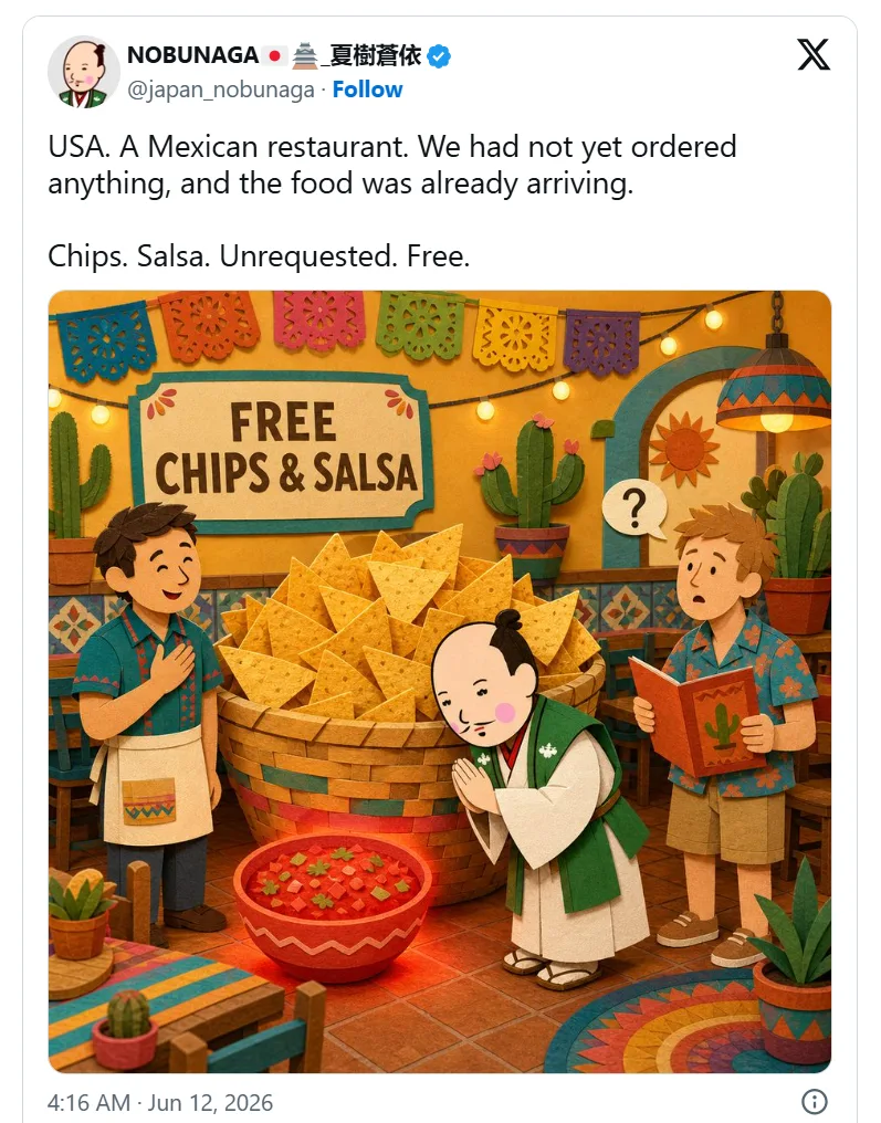 Japan man Mexican restuarant free chips salsa