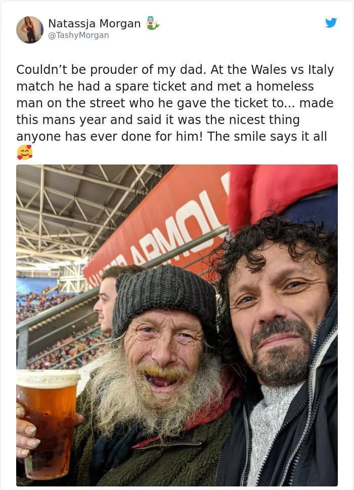 rugby game homeless man kindness
