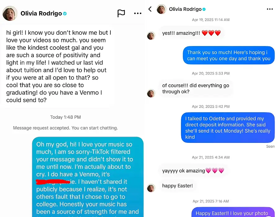 Olivia Rodrigo pays tuition stranger